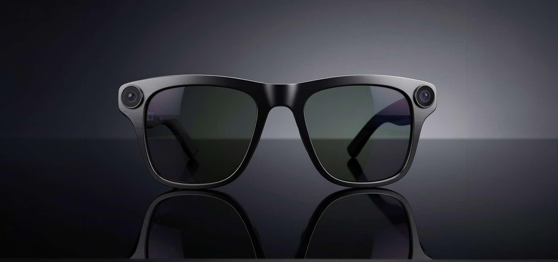 Black smart AI sunglasses with camera lenses on a reflective surface and dark background