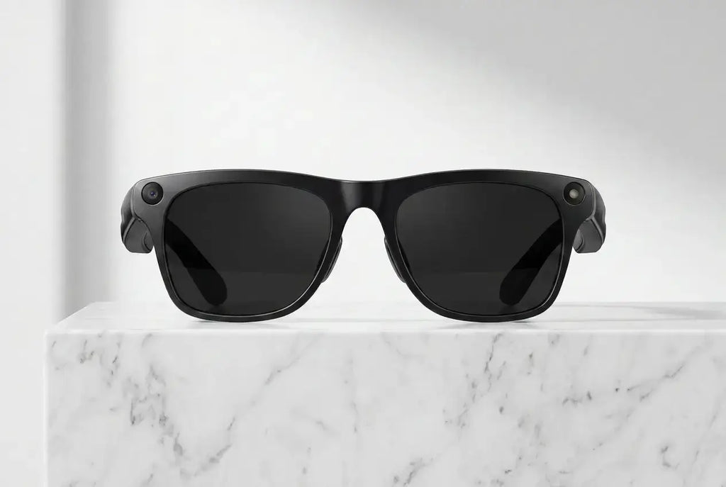 Black smart AI sunglasses with camera on a marble surface with a light gray background