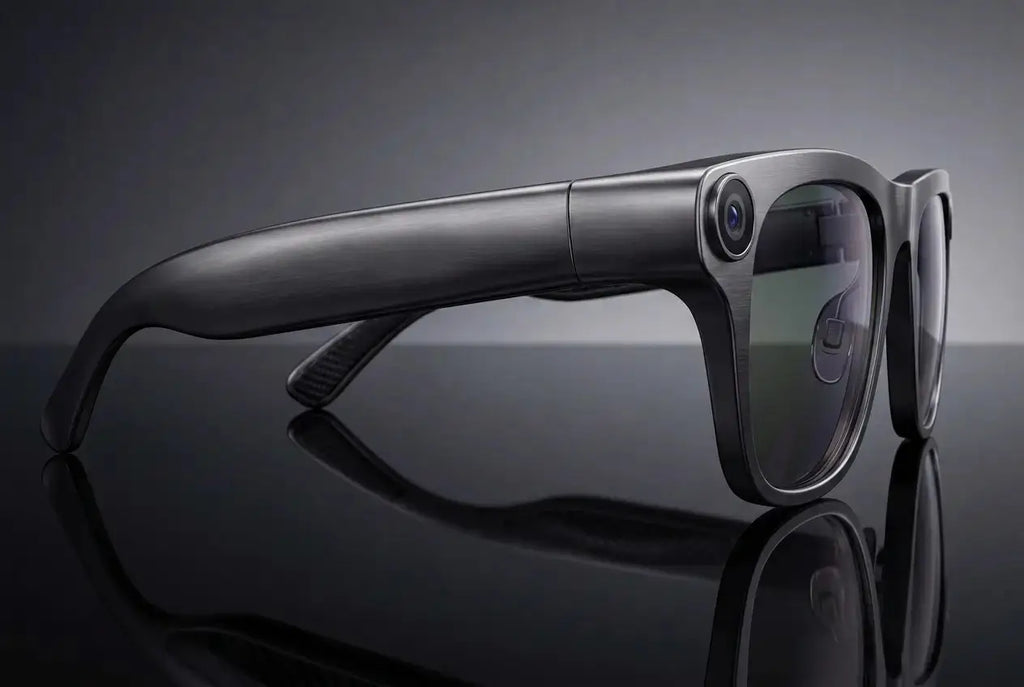 Smart AI glasses with integrated camera on a reflective surface with a dark background