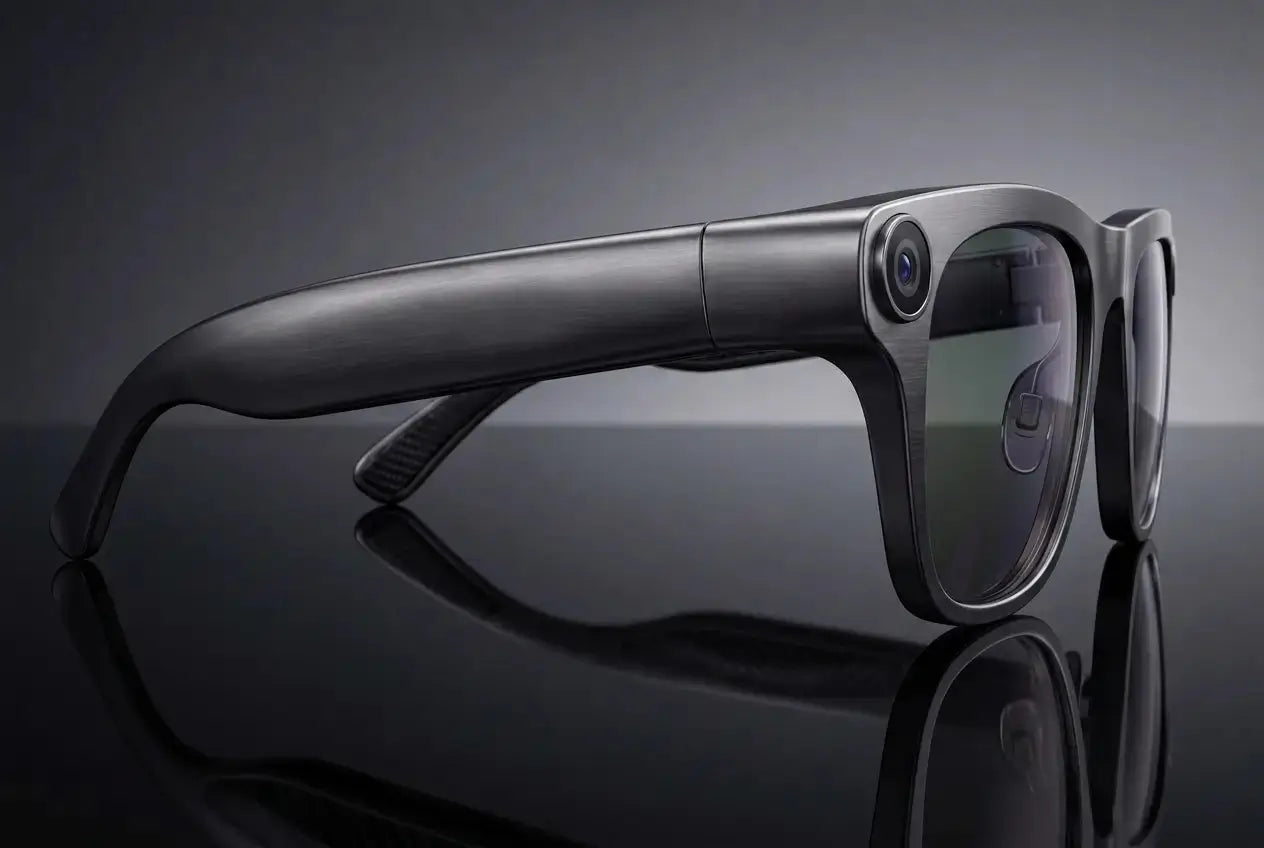Smart AI glasses with integrated camera on a reflective surface with a dark background