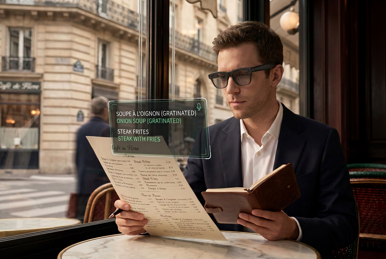 Man wearing smart AI glasses reading a menu at a cafe with a holographic display of food options with translations.